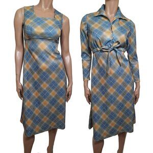 Vintage 60s Midi Dress Shrug Jacket Set Womens S Blue Yellow Plaid Empire Waist